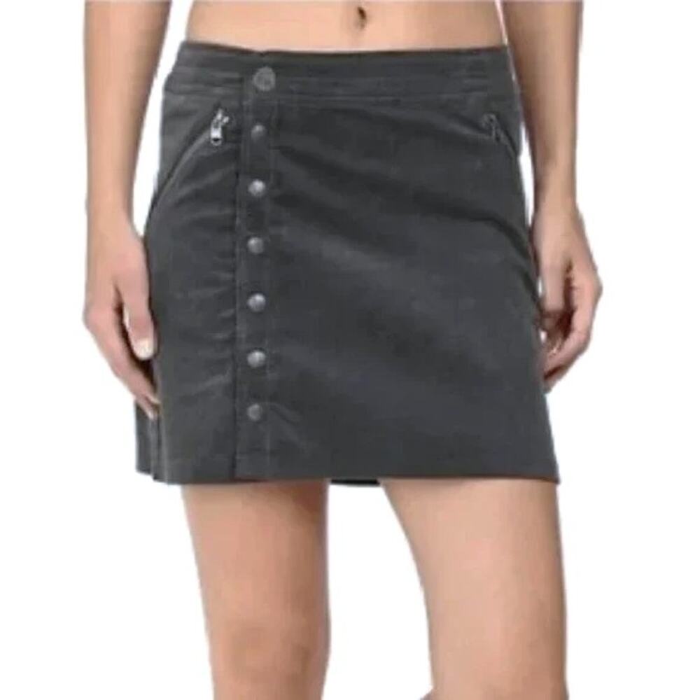 Kuhl Corduroy Mini Skirt 12 Snap Button Zip Pockets Fine Wale Gray Streamline